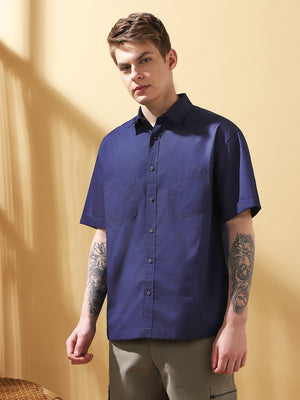 Men's Navy Blue Solid Spread Collar Half Sleeves Casual Shirt