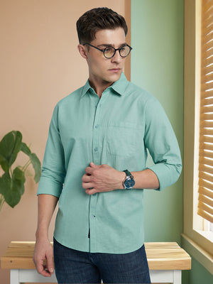 Men's Sage Green Textured Spread Collar Full Sleeves Regular Fit Shirt