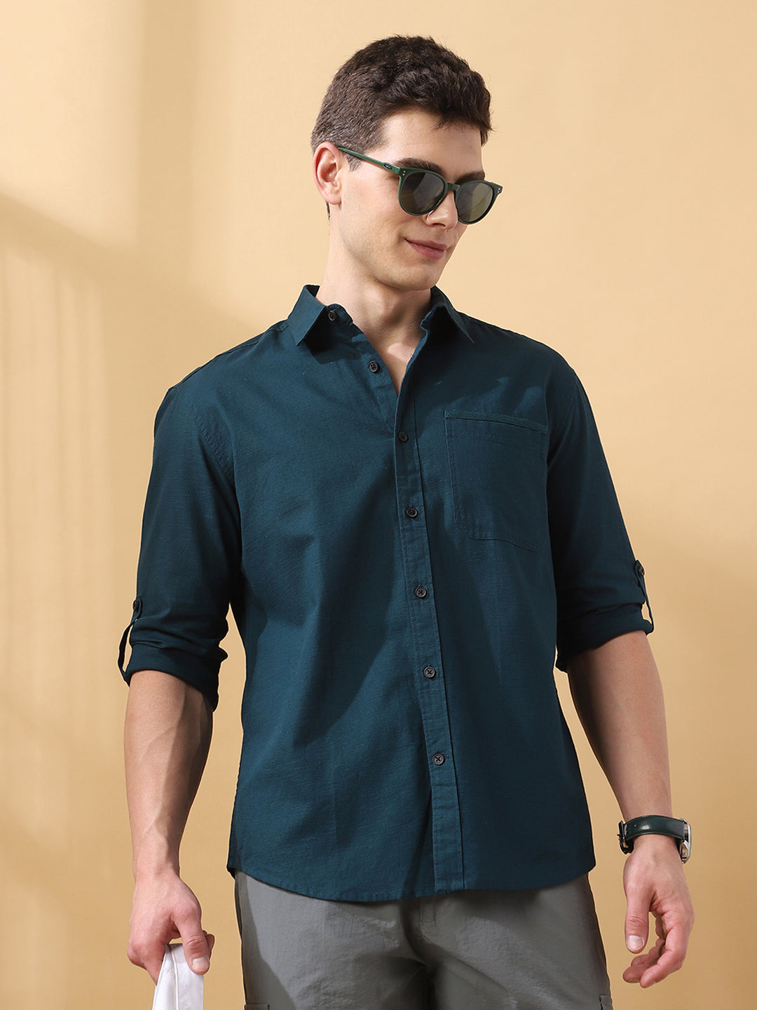 Men's Dark Green Solid Textured Spread Collar Full Sleeves Cotton Shirt