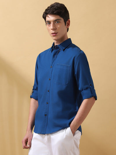 Men's Teal Blue Solid Textured Spread Collar Full Sleeves Cotton Shirt