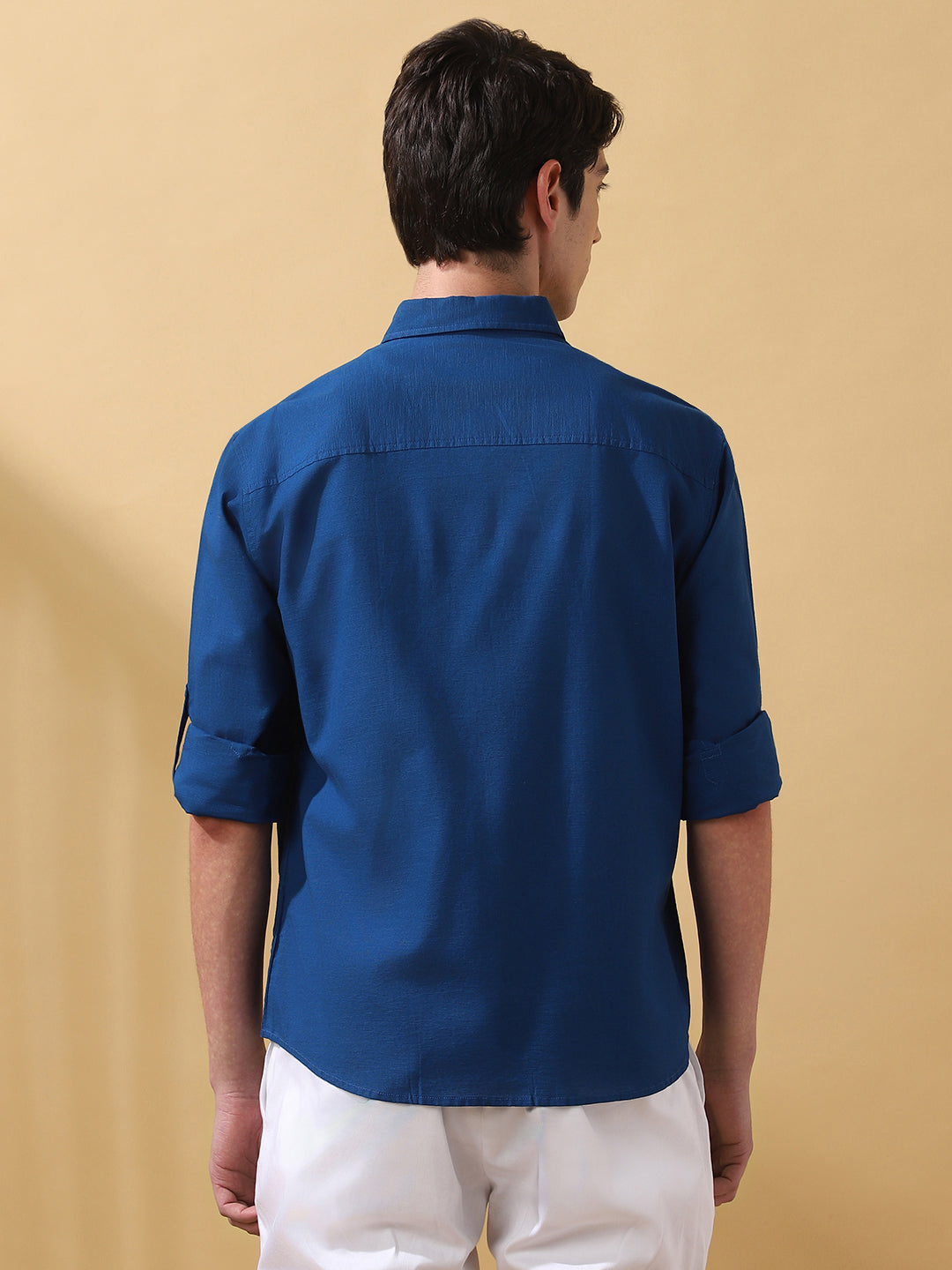 Men's Teal Blue Solid Textured Spread Collar Full Sleeves Cotton Shirt