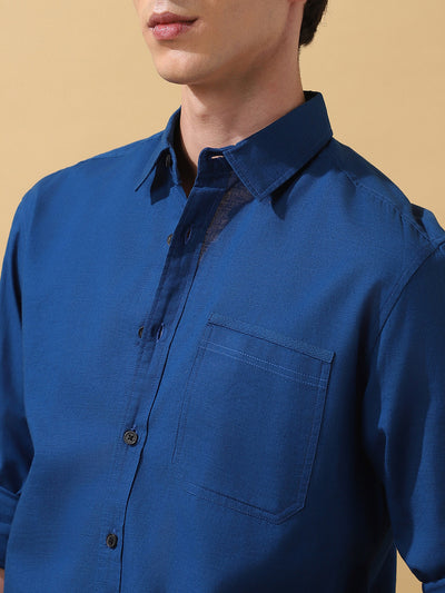 Men's Teal Blue Solid Textured Spread Collar Full Sleeves Cotton Shirt