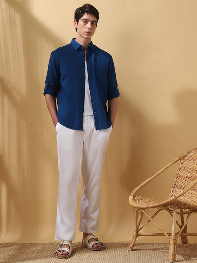 Men's Teal Blue Solid Textured Spread Collar Full Sleeves Cotton Shirt