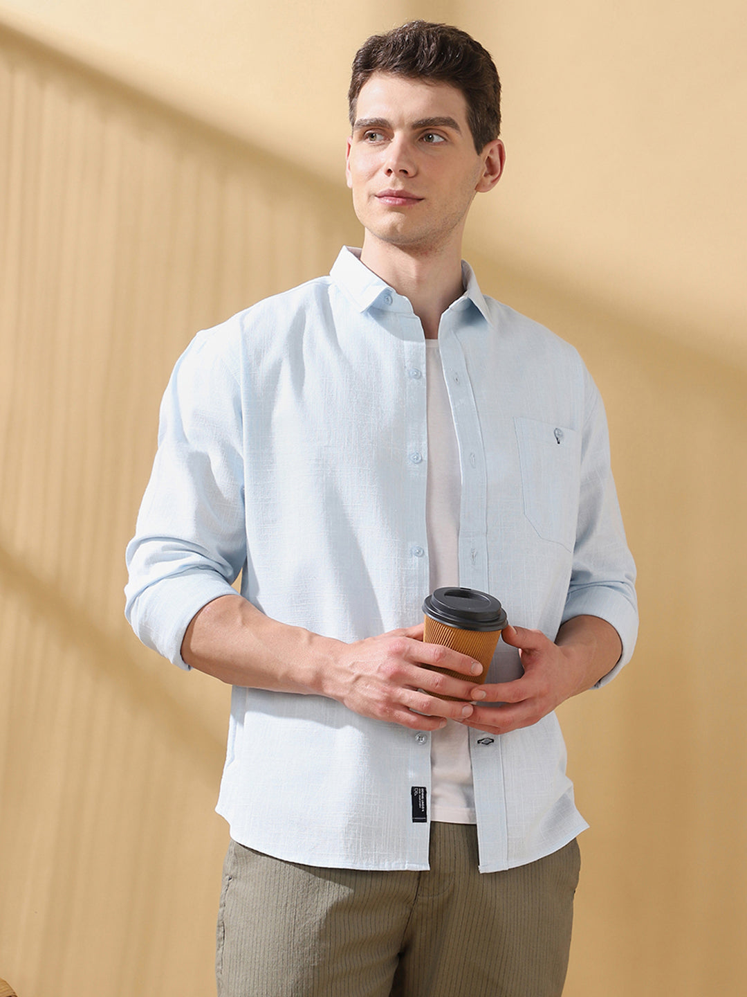 Men Cotton Spread Collar Regular Fit Self Design Casual Shirt