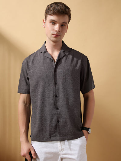 Men's Grey Solid Textured Cuban Collar Half Sleeves Casual Shirt