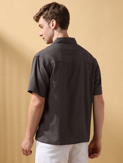 Men's Grey Solid Textured Cuban Collar Half Sleeves Casual Shirt