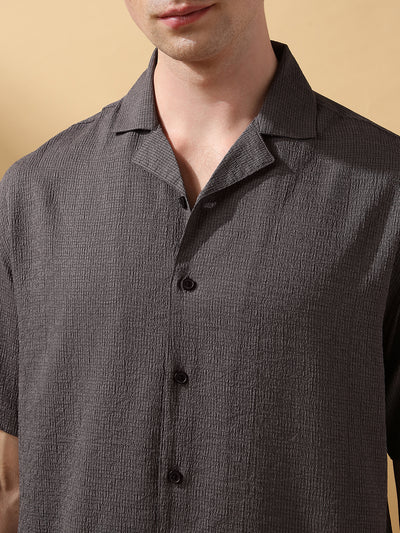Men's Grey Solid Textured Cuban Collar Half Sleeves Casual Shirt