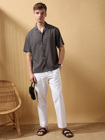 Men's Grey Solid Textured Cuban Collar Half Sleeves Casual Shirt