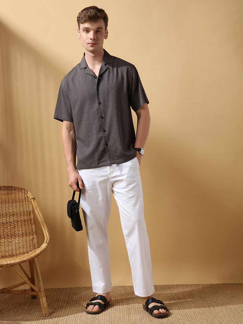 Men's Grey Solid Textured Cuban Collar Half Sleeves Casual Shirt