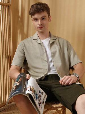 Men's Solid Textured Cuban Collar Half Sleeves Casual Shirt