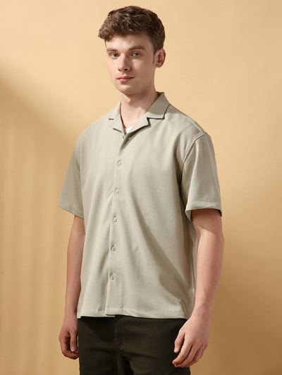 Men's Solid Textured Cuban Collar Half Sleeves Casual Shirt