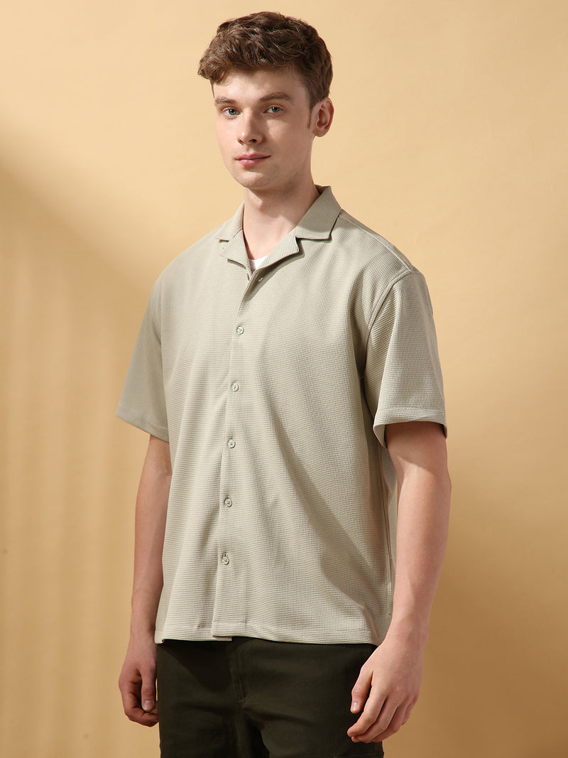 Men's Solid Textured Cuban Collar Half Sleeves Casual Shirt