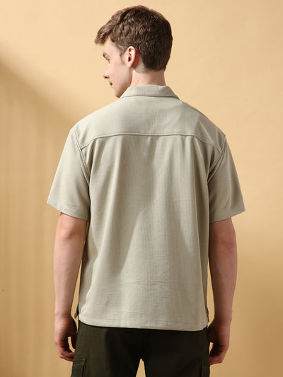 Men's Solid Textured Cuban Collar Half Sleeves Casual Shirt