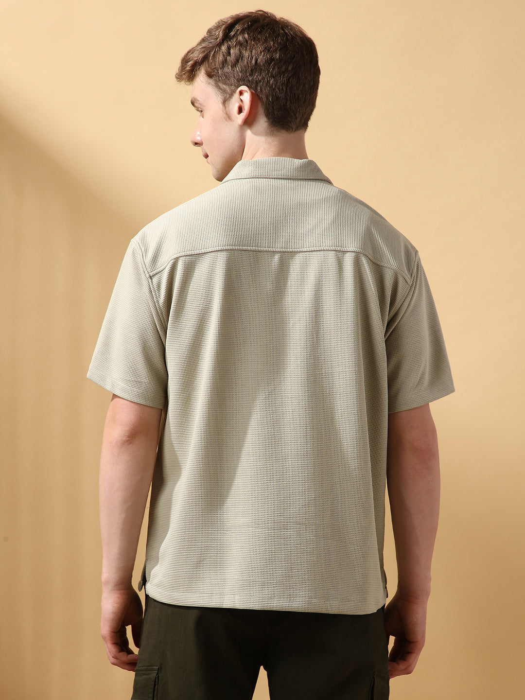 Men's Solid Textured Cuban Collar Half Sleeves Casual Shirt