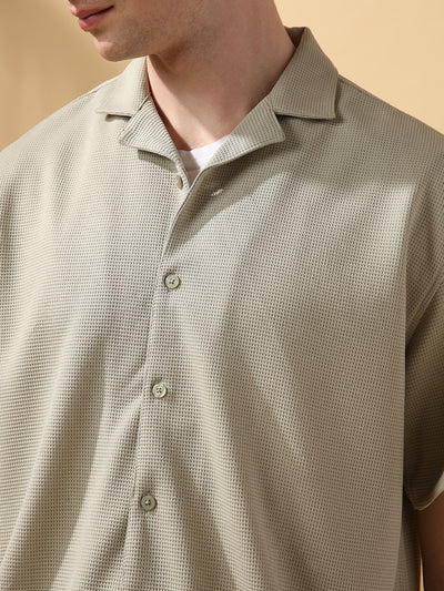 Men's Solid Textured Cuban Collar Half Sleeves Casual Shirt