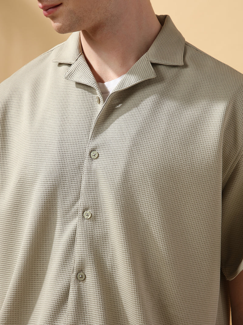 Men's Solid Textured Cuban Collar Half Sleeves Casual Shirt