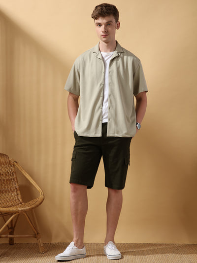 Men's Solid Textured Cuban Collar Half Sleeves Casual Shirt