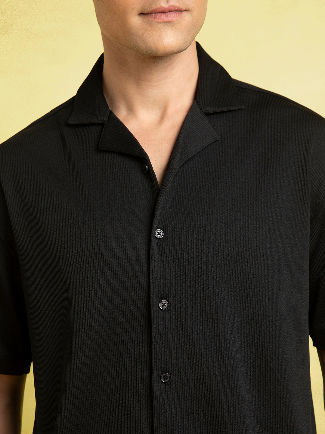 Men's Black Solid Textured Cuban Collar Full Sleeves Casual Shirt