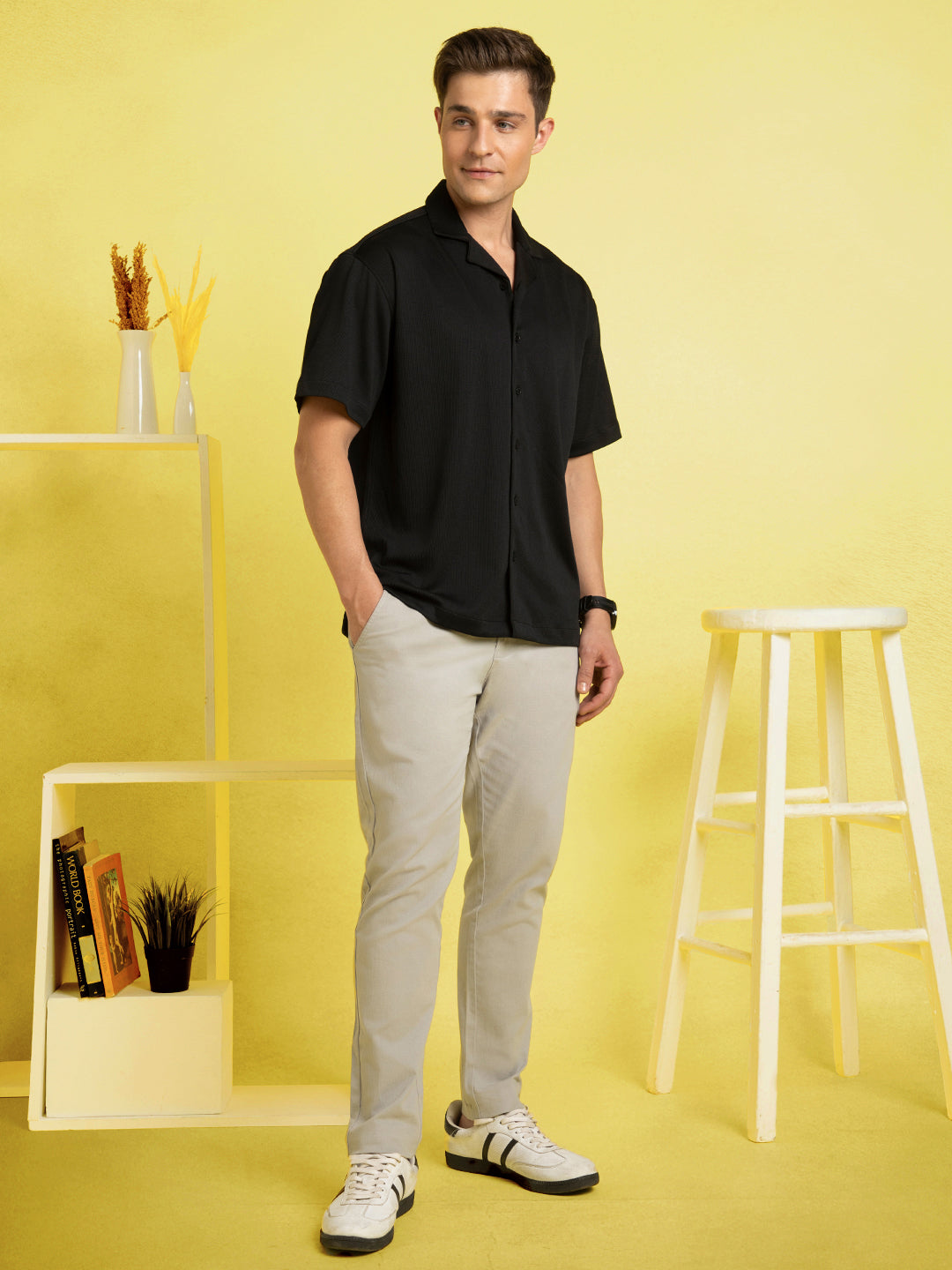 Men's Black Solid Textured Cuban Collar Full Sleeves Casual Shirt