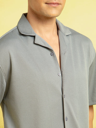 Men's Grey Solid Textured Cuban Collar Full Sleeves Casual Shirt