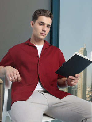 Men's Maroon Solid Textured Cuban Collar Full Sleeves Casual Shirt