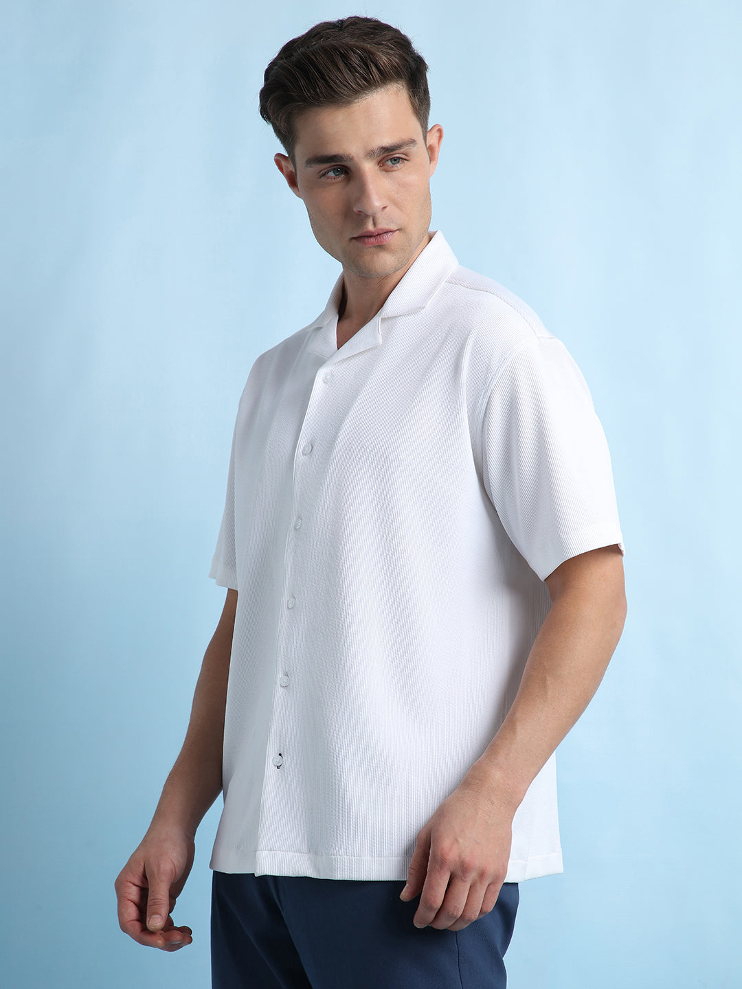 Men's White Solid Textured Cuban Collar Full Sleeves Casual Shirt