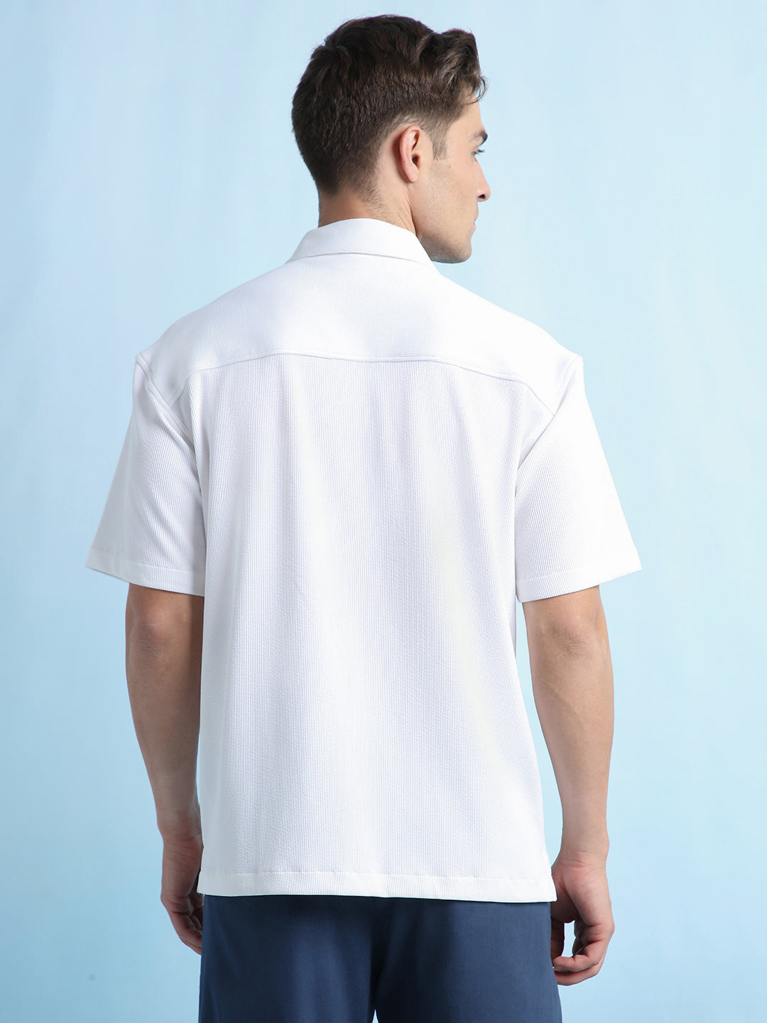 Men's White Solid Textured Cuban Collar Full Sleeves Casual Shirt