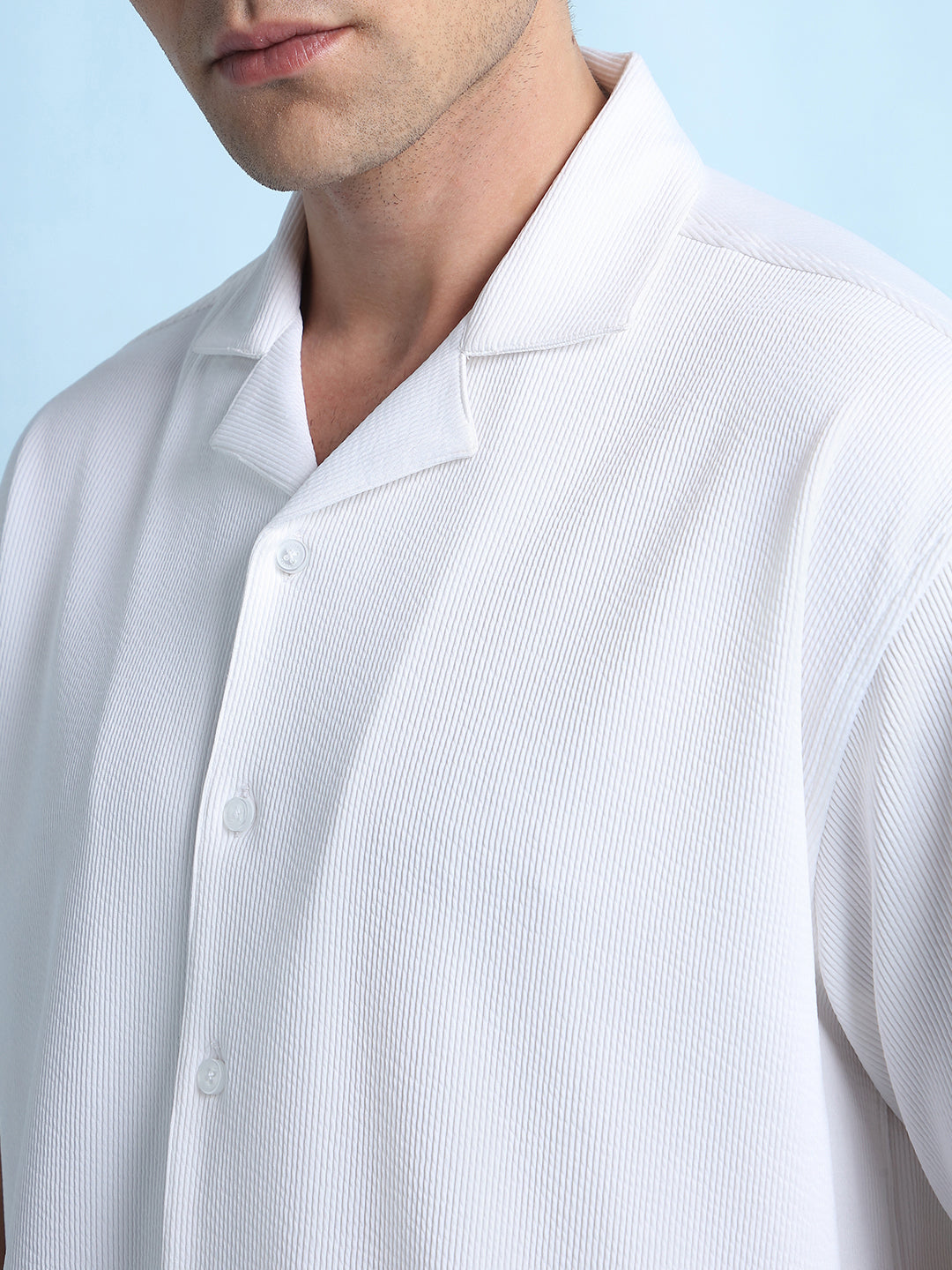 Men's White Solid Textured Cuban Collar Full Sleeves Casual Shirt