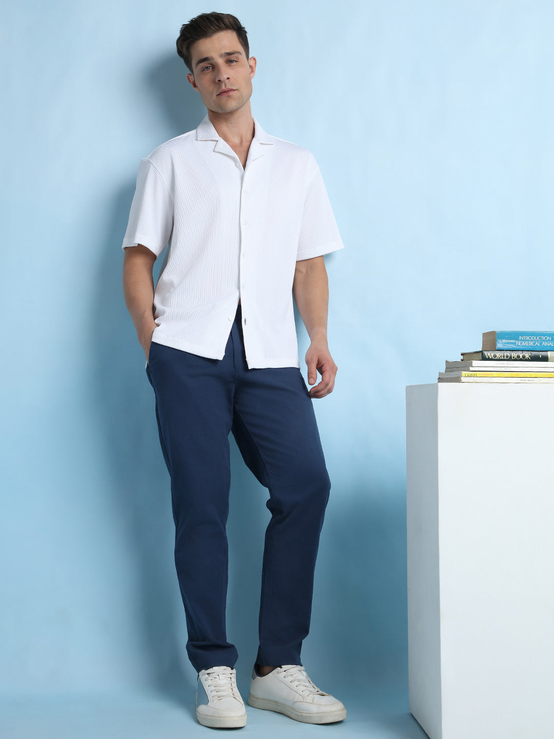 Men's White Solid Textured Cuban Collar Full Sleeves Casual Shirt