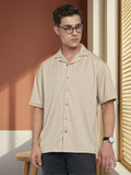 Men Beige Textured Cuban Collar Half Sleeves Relaxed Fit shirt