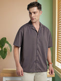 Men Grey Textured Cuban Collar Half Sleeves Relaxed Fit shirt