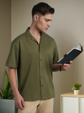 Men Olive Textured Cuban Collar Half Sleeves Relaxed Fit shirt