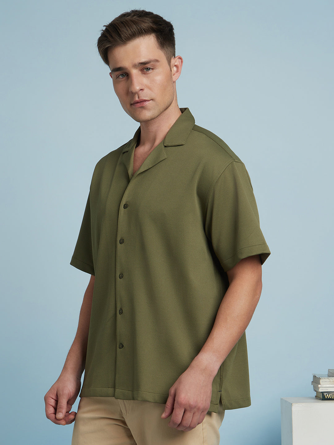 Men's Olive Textured Cuban Collar Half Sleeves Relaxed Fit Shirt