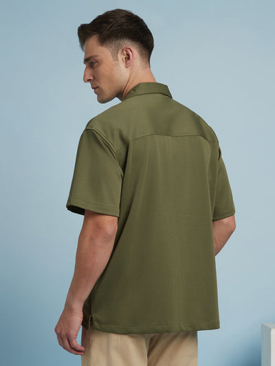 Men Olive Textured Cuban Collar Half Sleeves Relaxed Fit shirt