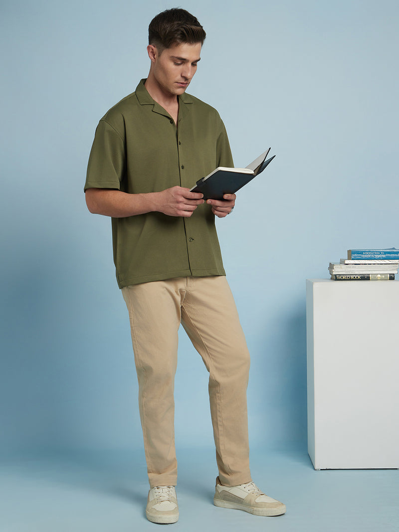 Men Olive Textured Cuban Collar Half Sleeves Relaxed Fit shirt
