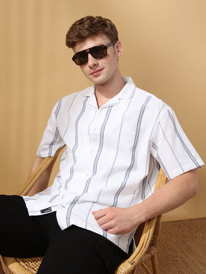 Men's White Striped Cuban Collar Half Sleeves Casual Shirt