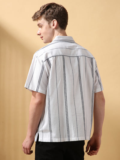 Men's White Striped Cuban Collar Half Sleeves Casual Shirt