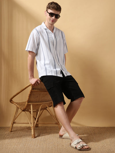 Men's White Striped Cuban Collar Half Sleeves Casual Shirt