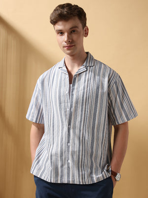 Men's Blue Striped Cuban Collar Half Sleeves Relaxed Casual Shirt