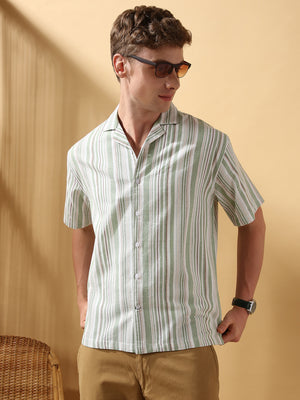 Men's Green Striped Cuban Collar Half Sleeves Relaxed Casual Shirt
