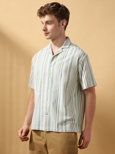 Men's Green Striped Cuban Collar Half Sleeves Relaxed Casual Shirt