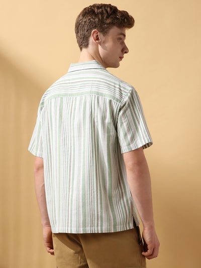 Men's Green Striped Cuban Collar Half Sleeves Relaxed Casual Shirt