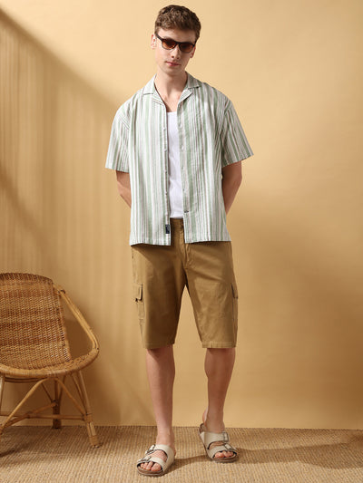 Men's Green Striped Cuban Collar Half Sleeves Relaxed Casual Shirt