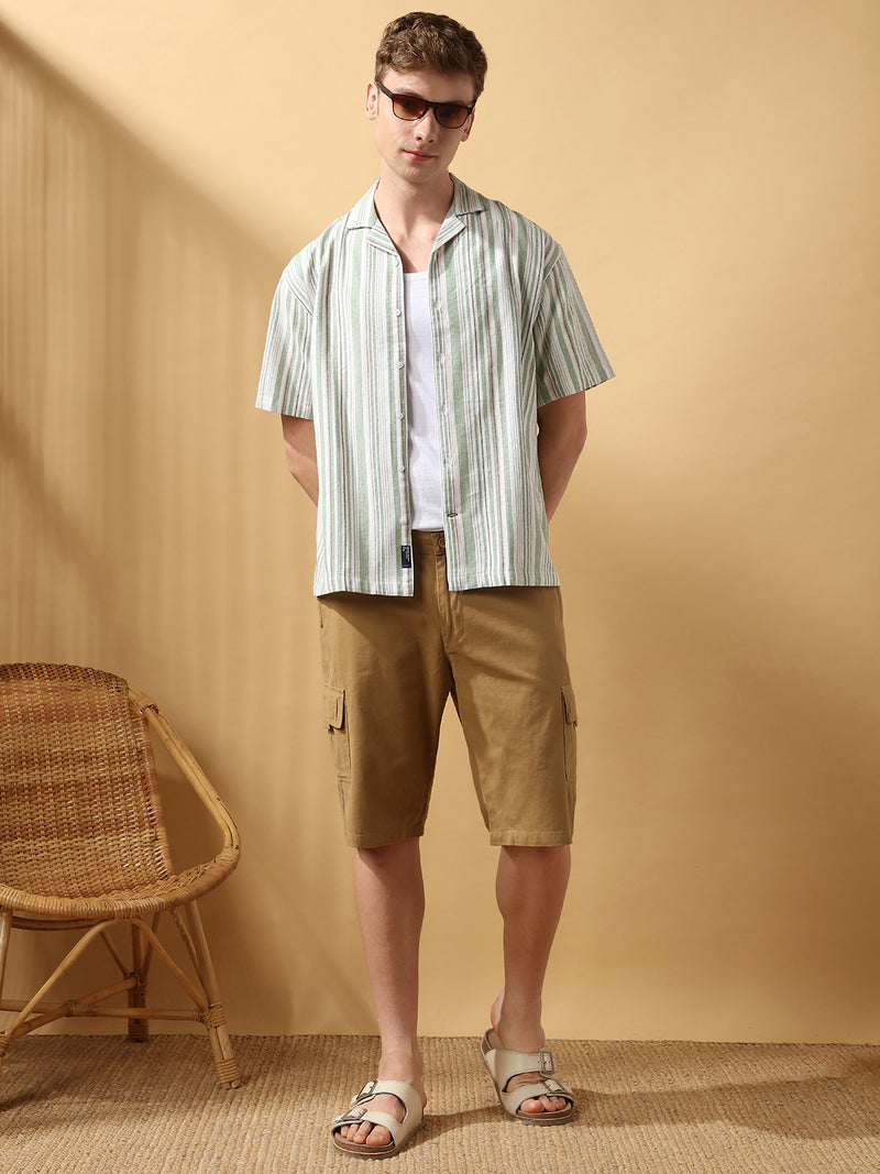 Men's Green Striped Cuban Collar Half Sleeves Relaxed Casual Shirt