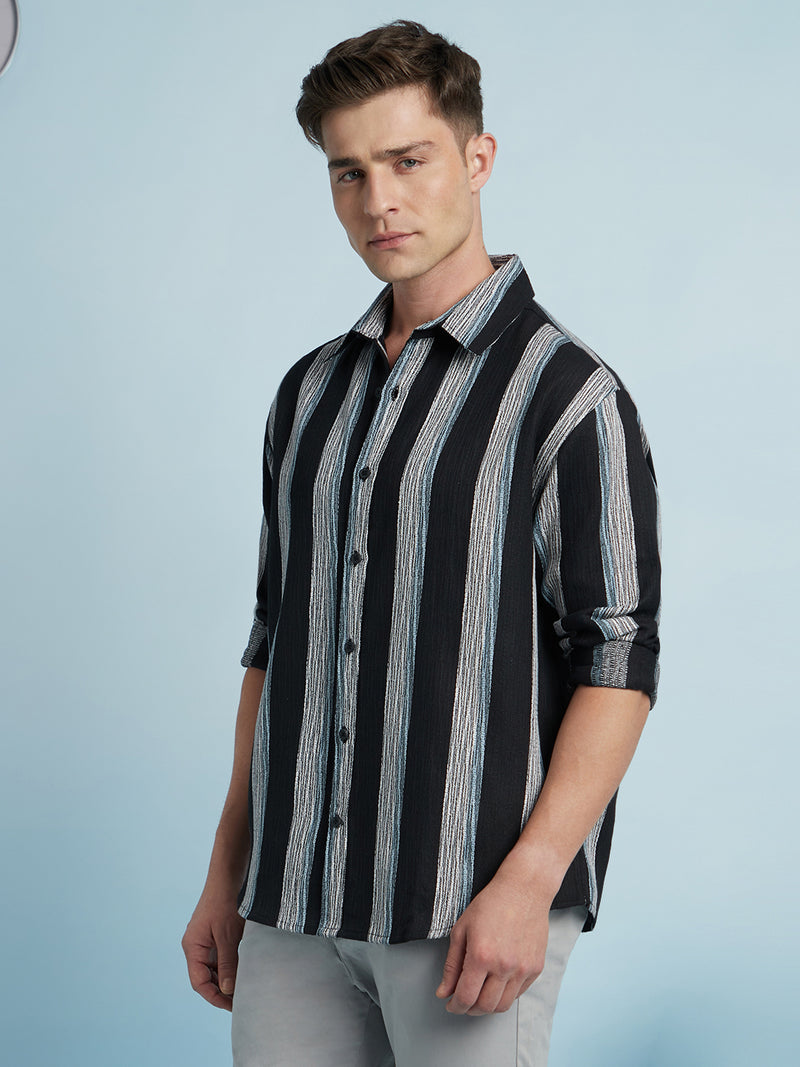 Men Black Vertical Stripes Spread Collar Full Sleeves Relaxed Fit shirt