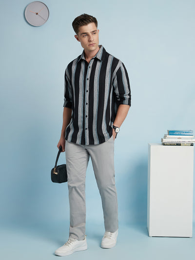 Men Black Vertical Stripes Spread Collar Full Sleeves Relaxed Fit shirt