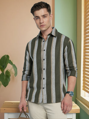 Men Olive Vertical Stripes Spread Collar Full Sleeves Relaxed Fit shirt