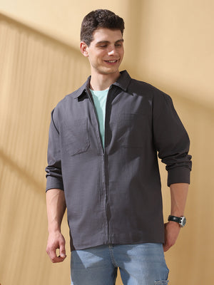 Men Relaxed Fit Spread Collar Textured Cotton Shirt