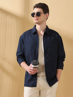 Men Relaxed Fit Spread Collar Textured Cotton Shirt