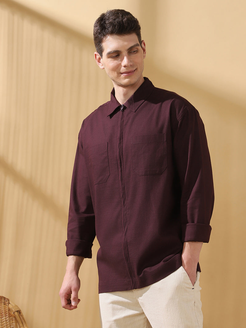 Men Relaxed Fit Spread Collar Textured Cotton Shirt